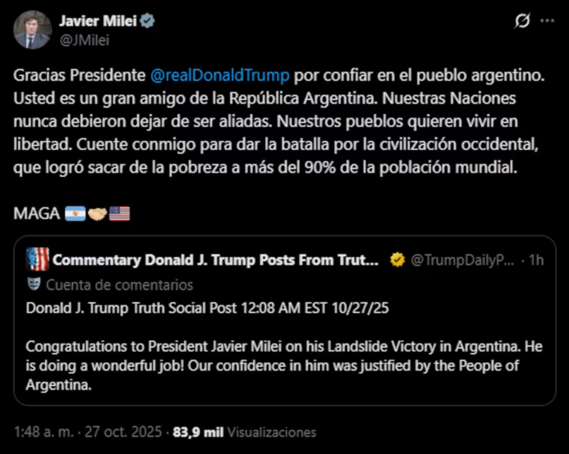 El mensaje de Trump para Milei tras las elecciones legislativas